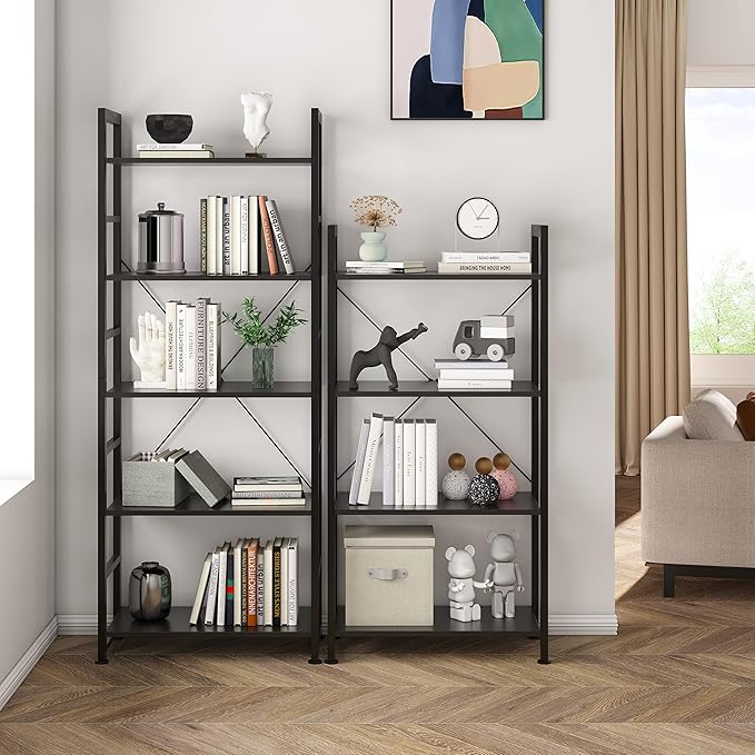VERMESS 4 Tier Bookshelf, Tall Book Shelf, Vintage Industrial Bookcase with Open Display Shelves, Wood Storage Shelving Unit Metal Frame Standing Bookshelves for Bedroom/Home/Office, Black