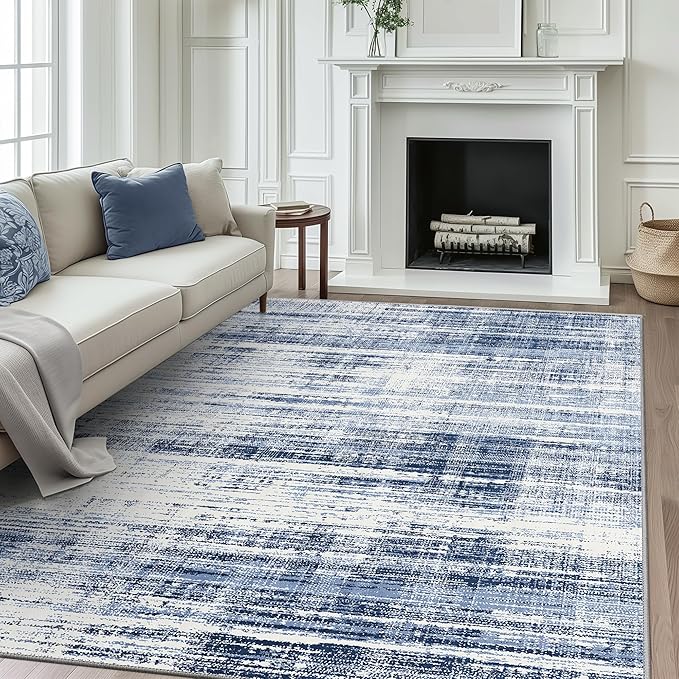 GENIMO 8x10 Washable Area Rug – Modern Abstract, Non-Slip, Low Pile, Contemporary Indoor Floor Carpet for Living Room, Bedroom, Dining Room, Kitchen, Office, Blue