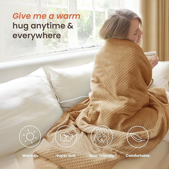 Heated Blanket Electric Throw Waffle, 50x60 Inches Sherpa Fleece Fast Heating Blanket 6 Heating Levels & 4 Hours Auto Off ETL Certification, Apricot Orange Throw