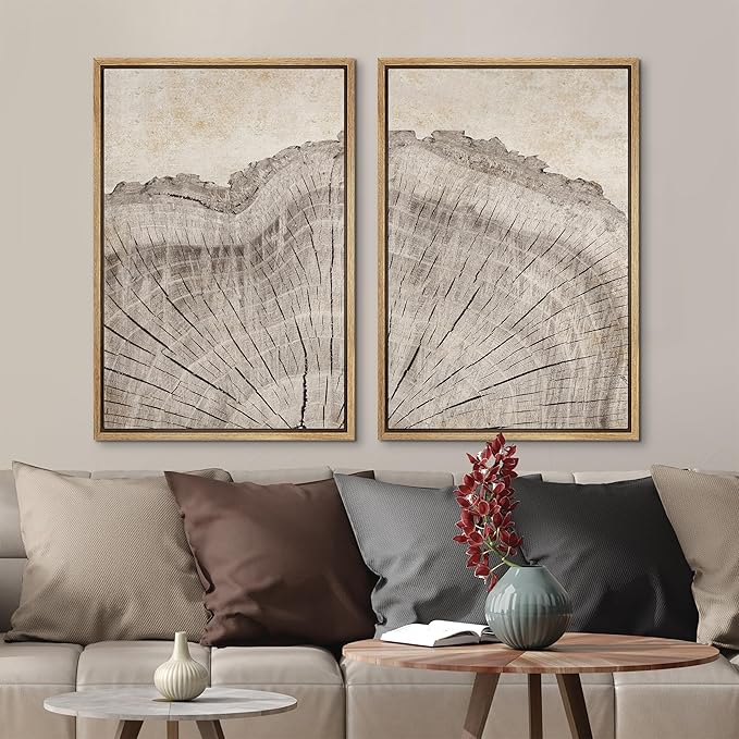 MUDECOR Framed Canvas Print Wall Art Oak Wood Tree Rings Nature Illustration Modern Art Decorative Multicolor Geometric Minimal for Bedroom - 16"x24"x2 Natural