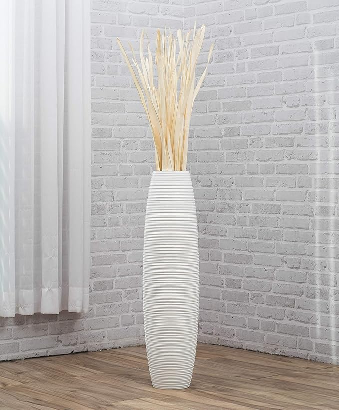 Leewadee Large White Home Decor Floor Vase – Wooden 28 inches Tall Farmhouse Decor Flower Holder for Fake Plant and Pampas Grass
