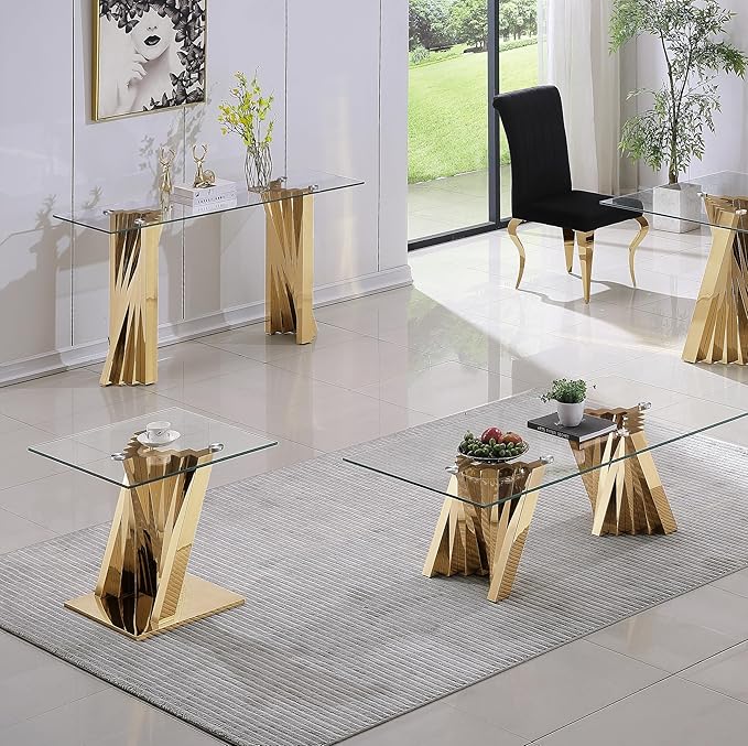 Glass 3 Piece Living Room Table Sets,3-Piece Table Set Includes 1 Console Coffee Table and 2 End Tables with Stainless Steel Frame,Modern Coffee Table Set of 3 for Living Room (Gold)