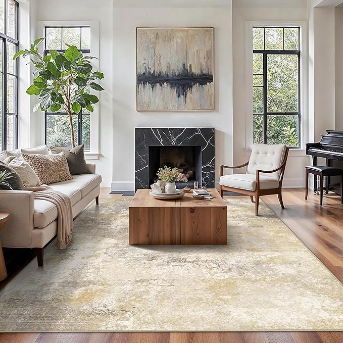 GENIMO 8x10 Washable Area Rugs for Living Room Bedroom, Modern Abstract Low Pile Soft Non Slip Rug, Contemporary Indoor Floor Carpet Cover for Dining Room Kitchen, Gray Gold