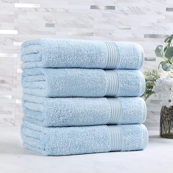 Superior Egyptian Cotton 4-Piece Bath Towel Set for Shower, Bath, Spa, Resort, Hotel, Soft Body Towels, Airbnb Essentials, Apartment, Dorm, Quick Dry, Absorbent, Bathroom Basics, Light Blue