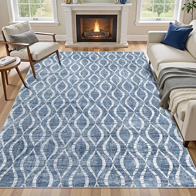 WITSHOCK Area Rugs 7x9: Washable Non-Slip Soft Geometric Low Pile Print Pattern Boho for Living Room Bedroom Dining Room, Large Thin Indoor Carpet for Nursery Playroom Decor, Kid & Pet Friendly, Blue