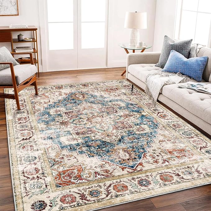 Beige Blue Washable Area Rug 8'x10' Boho Chic Medallion Distressed Design Non-Shedding Easy Care Ideal for High Traffic Areas in Living Room Bedroom Office Coffee Table Large Carpet