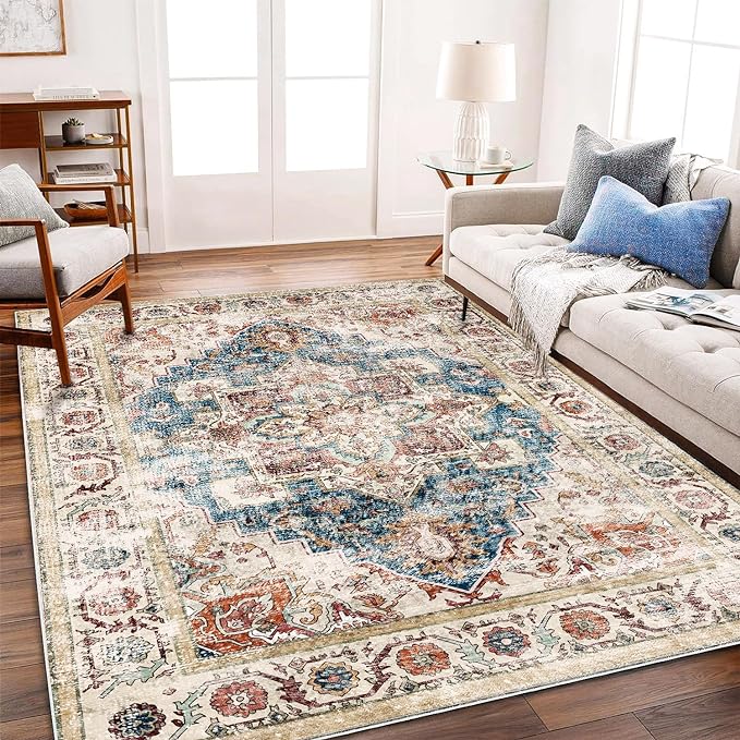 Washable Area Rug 5'x7' for Living Room Retro Beige Blue Boho Chic Medallion Distressed Design Indoor Non-Slip Large Persian Oriental Accent Throw Rug for Kitchen Bedroom Office Carpet