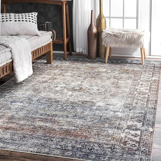 vivorug 8x10 Area Rugs - Ultra-Thin Washable Rug with Non-Slip Backing, Ideal for Living Room, Bedroom, Kitchen Floor Carpet - Vintage Style, Easy Clean, Durable, Low Pile Rug (Taupe/Stone)