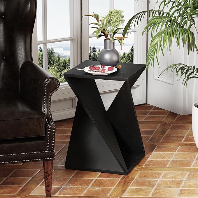 Farmhouse End Table Square Solid Wood Pedestal Side Table Rustic Plant Stand with Twisted Design for Living Room, Bedroom, Office, Black
