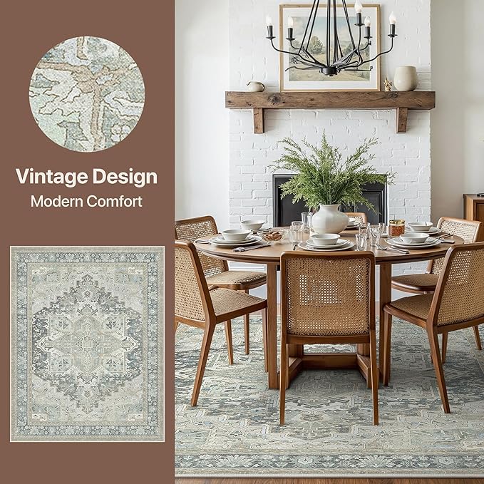 GENIMO 8X10 Area Rugs for Living Room, Machine Washable Vintage Floor Cover Foldable Modern Non Slip Rug, Low Pile Soft Indoor Carpet Floral Print Mat Rug,Bedroom/Dining Room/Home Office,Light Blue