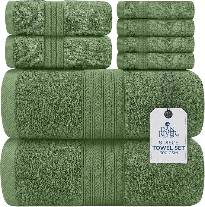 DAN RIVER 8 PC Luxury Bath Towels for Bathroom, 2 Bath, 2 Hand, and 4 Wash Cloths, 600 GSM 100% Ring Spun Cotton Towel Set, Highly Absorbent, Gym, Hotel, and Spa, Sage Green