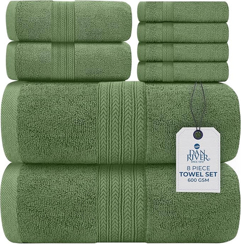 DAN RIVER 8 PC Luxury Bath Towels for Bathroom, 2 Bath, 2 Hand, and 4 Wash Cloths, 600 GSM 100% Ring Spun Cotton Towel Set, Highly Absorbent, Gym, Hotel, and Spa, Sage Green