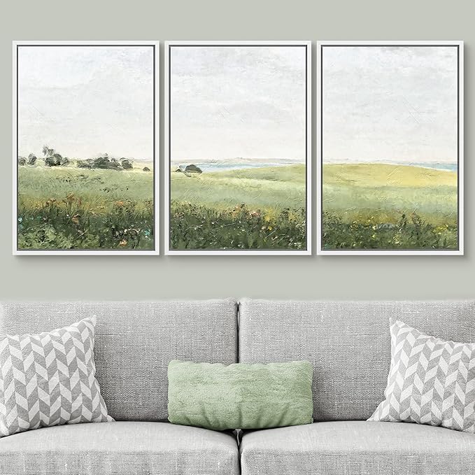 SIGNWIN Framed Canvas Print Wall Art Set Green Pasture Countryside Flower Field Nature Abstract Illustrations Modern Art Decorative Nordic Rustic for Living Room, Bedroom, Office - 24"x36"x3 White