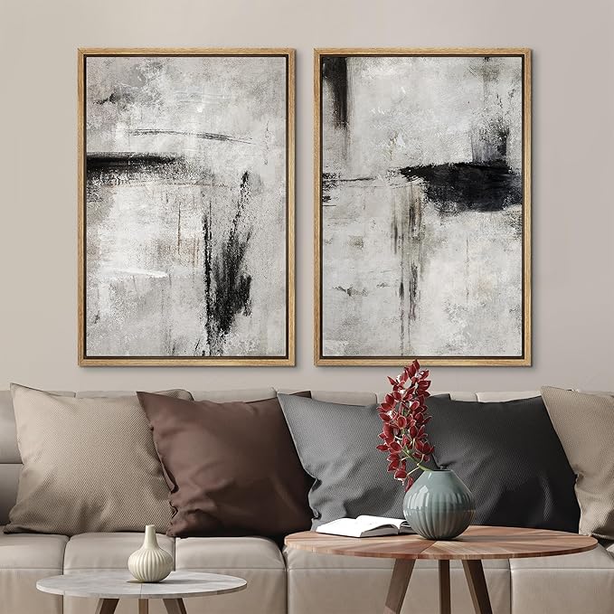 MUDECOR Framed Canvas Print Wall Art Grey Black Abstract Shape Illustrations Modern Art Decorative Bohemian Colorful Chic for Living Room, Bedroom, Office - 16"x24"x2 Natural