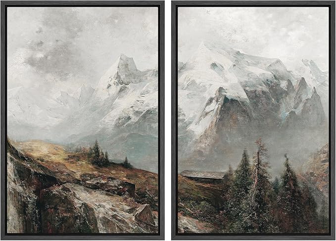 MUDECOR Framed Canvas Print Wall Art Majestic Snow-Capped Mountains Alpine Wilderness Nature Wilderness Illustrations Realism Decorative Scenic for Living Room, Bedroom, Office - 24"x36"x2 Black