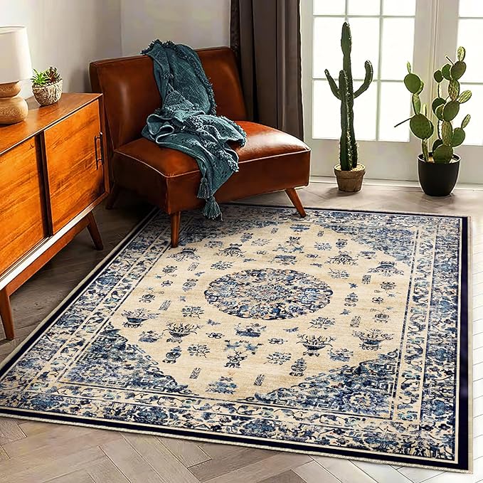 Area Rug 6'x9' Washable Vintage Traditional Floor Cover Thin Retro Kitchen Indoor Distressed Non Slip Carpet for Living Room Bedroom Dining Room