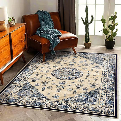 Washable Area Rug 4'x6' Traditional Floor Cover Foldable Thin Rugs Retro Kitchen Indoor Distressed Non Slip Carpet Floral Print Mat Bedroom Living Room