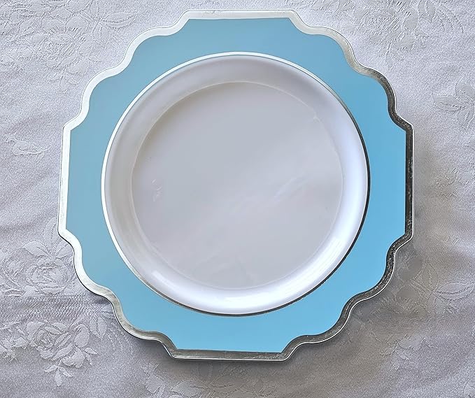 " OCCASIONS " 50 Plates Pack (25 Guests)-Heavyweight Wedding Party Disposable Plastic Plate Set -(25x10.5'' Dinner + 25x8'' Salad/dessert (Imperial Aqua & Silver)