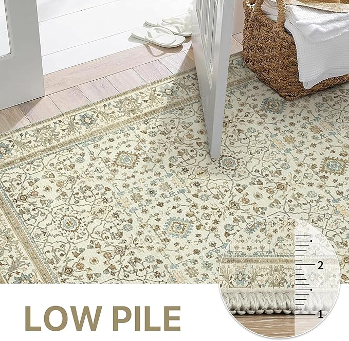 GENIMO Washable Area Rugs for Living Room Bedroom, 5x7 Boho Vintage Non Slip Rug, Low Pile Soft Floral Indoor Floor Carpet Cover for Dining Room Kitchen, Retro Yellow