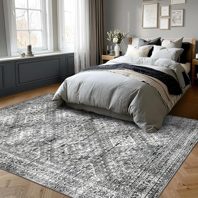 MIULEE 6x9 Vintage Living Room Rug Washable Area Rugs Low Pile Floor Mat for Bedroom Dining Room Non-Slip Stain Resistant Soft Indoor Carpet for Home Decor, Black