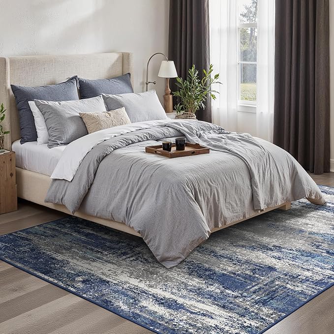 GENIMO 5x7 Area Rugs-Washable Area Rug Lightweight Non-Slip, Printed Low Pile Abstract Rug, Soft Pet Friendly Carpet for Living Room, Bedroom, Playroom, Blue/Ivory