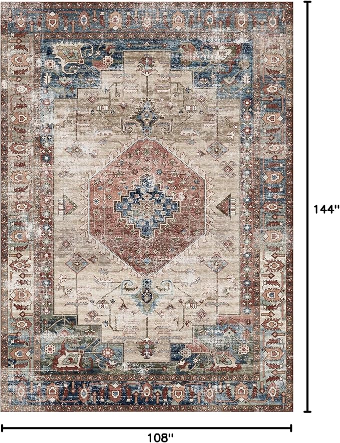 vivorug 9x12 Area Rugs for Living Room, Non Slip Machine Washable Vintage Rug, Ultra-Thin Lightweight Large Area Rug for Bedroom, Dining Room, Low Pile Brown
