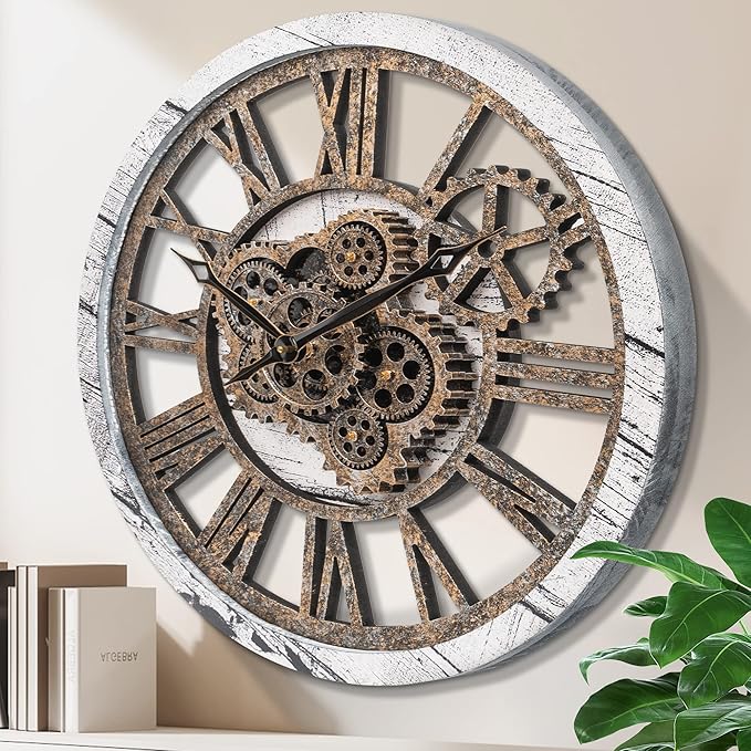 Large 20 Inch Farmhouse Vintage Rustic Moving Gears Oversized Roman Wall Clock for Living Room, Bedroom, Kitchen, Office Decor