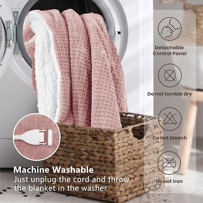 Heated Blanket Electric Blanket Twin Waffle, 62x84 Inches Sherpa Fleece Fast Heating Blanket 6 Heating Levels & 10 Hours Auto Off ETL Certification, Pink Twin