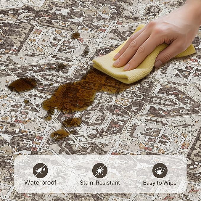GENIMO 5X7 Area Rugs for Living Room, Machine Washable Vintage Floor Cover Foldable Modern Non Slip Rug, Low Pile Soft Indoor Carpet Floral Print Mat Rug,Bedroom/Dining Room/Home Office,Taupe