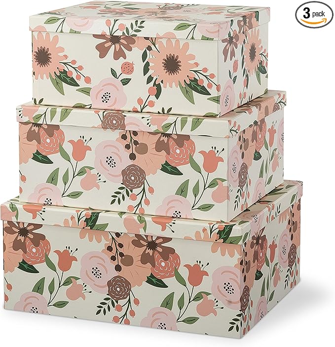 Soul & Lane Decorative Cardboard Storage Boxes with Lids for Home Decor and Organization, Set of 3 Large Keepsake Boxes for Memories & Gifts, Nesting Floral Photo Storage Containers, Peach Blossoms