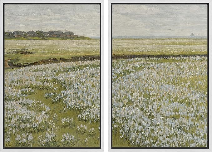 MUDECOR Framed Canvas Print Wall Art Fields of White Flowers Serene Nature for Home Decor Nature Wilderness Illustrations Realism Decorative Scenic for Living Room, Bedroom, Office - 24"x36"x2 White