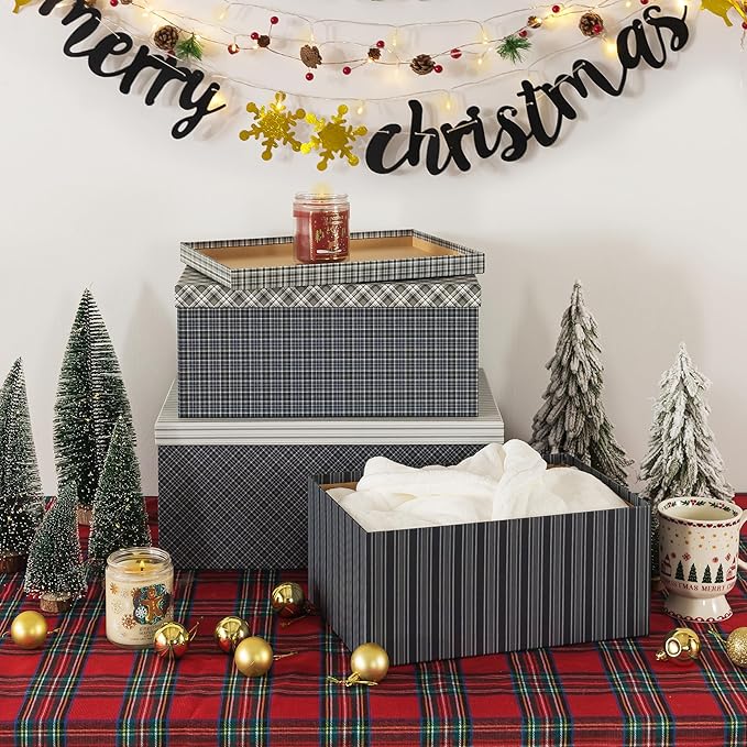 Soul & Lane Classic Plaid Christmas Blue Gift Boxes - Set of 3 - Holiday Decor Checkered Cardboard Storage Box, Decorative Keepsake Boxes with Lids for Presents, Clothing, Decoration