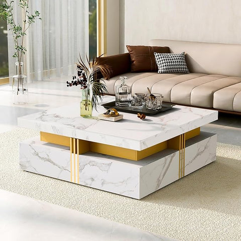Merax Coffee Table, Modern Square Coffee Table with 4 Drawers, Contemporary Luxury Center Table Cocktail Table with Gold Accents for Living Room, 43.3" Lx 43.3" W (White)