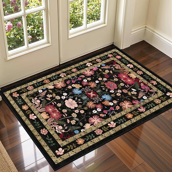 Deerly Entryway Rug 2x3 Rug Door Mat Indoor Entrance Black Vintage Boho Floral Rugs Washable Non-Slip Low Pile Throw Rugs Soft Thin Front Indoor Carpet for Kitchen Entryway Farmhouse, Black/Multi