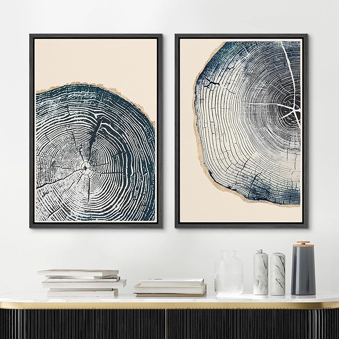MUDECOR Framed Canvas Print Wall Art Navy Blue Wood Tree Ring Nature Illustration Modern Art Decorative Multicolor Geometric Minimal for Bedroom - 24"x36"x2 Black