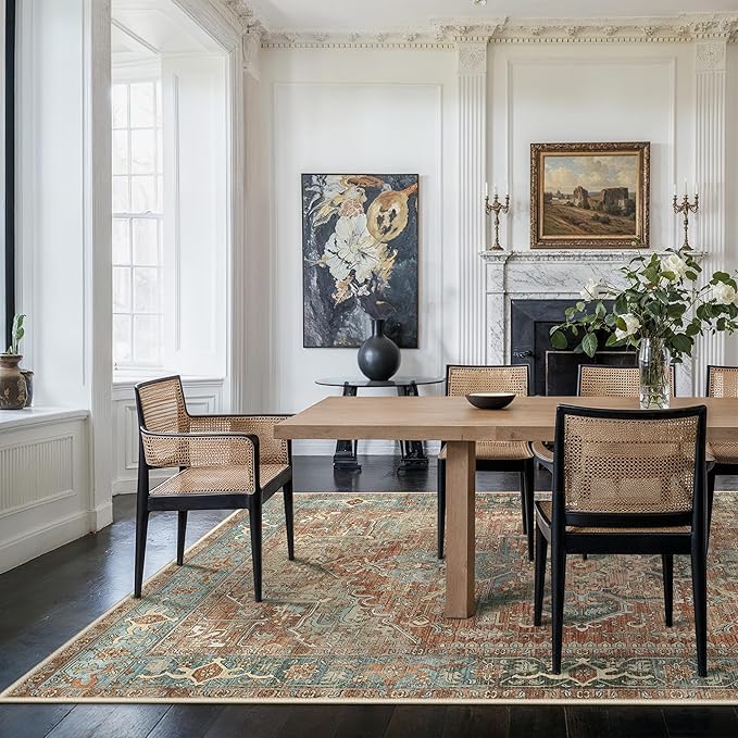 GENIMO Washable Area Rugs for Living Room Bedroom, 8x10 Boho Vintage Non Slip Rug, Low Pile Floral Indoor Floor Carpet Cover for Dining Room Kitchen, Red/Multi