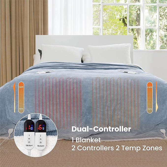 Heated Blanket Electric Blanket Queen Waffle, 84x90 Inches Dual Controllers Sherpa Fleece Fast Heating Blanket 6 Heating Levels & 10 Hours Auto Off ETL Certification, Haze Blue Queen