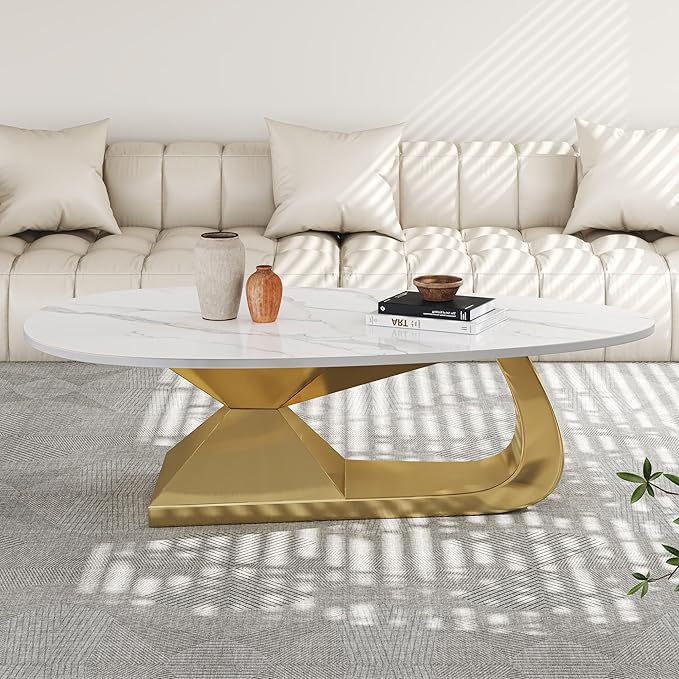 Modern Oval Sintered Stone Coffee Table, 51.2" White and Gold Rectangle Coffee Table with Faux Marble Top & Golden Geometric Stainless Steel Base, Rectangle Tea Center Table for Living Room