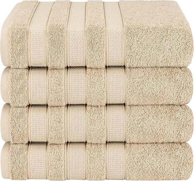 American Soft Linen Salem 100% Cotton Turkish 4 Piece Bath Towels for Bathroom, 600 GSM Soft Absorbent Quick Dry Bath Towel Set, Beige
