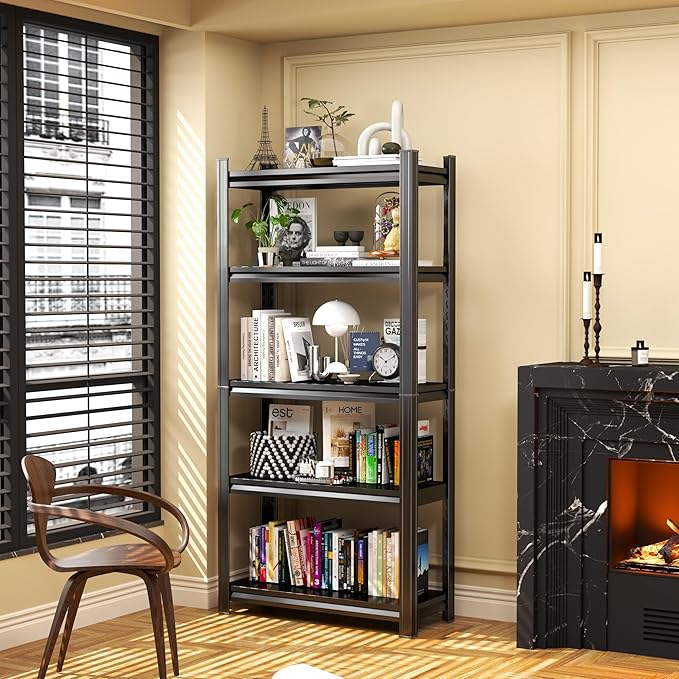 Tall Bookshelf with Open Shelves, Metal Office Book Shelf, Adjustable Organizer Bookcase, Standing Storage Organizer Shelf for Living Room (35.4" W*13.8" D*77.4" H)