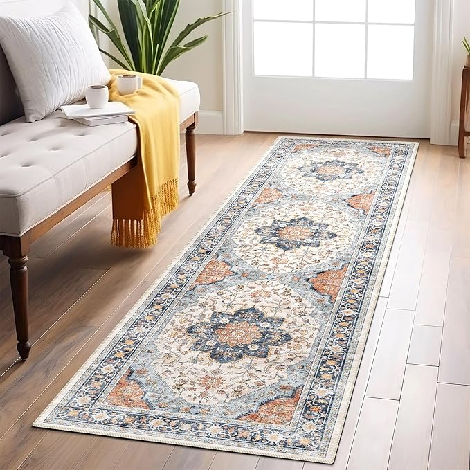 vivorug Runner Rug 2'x8' Washable Non-Slip Boho Runners for Hallways Kitchen Entryway Laundry Room Carpet Hallway Runner Orange/Navy