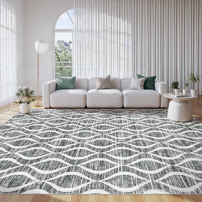 Witshock 9x12 Boho Area Rugs: Washable Non-Slip Geometric Print Pattern Large Thin Indoor Rug for Living Room Bedroom Dining Room, Carpet for Girls Boys Room Playroom Decor, Family Friendly, Dark Grey
