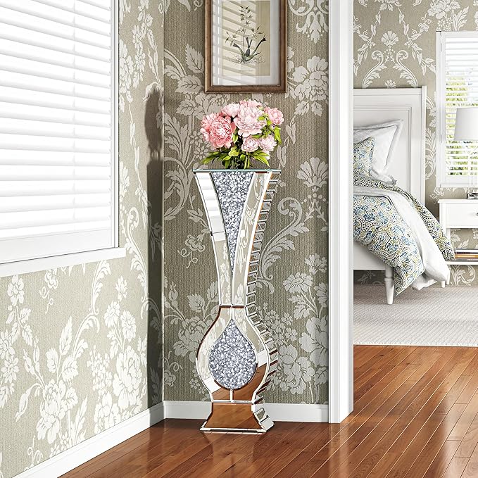 27" Tall Floor Crystal Vase Crushed Diamond Floor Vase Large Silver Vases for Decor Living Room Big Glass vases