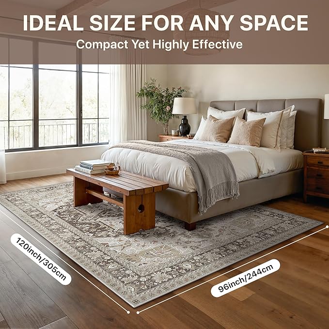 GENIMO 8X10 Area Rugs for Living Room, Machine Washable Vintage Floor Cover Foldable Modern Non Slip Rug, Low Pile Soft Indoor Carpet Floral Print Mat Rug,Bedroom/Dining Room/Home Office,Taupe