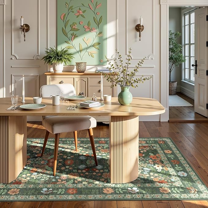 Green Floral Area Rugs 3x5 Small Thin Entryway Rug - Vintage Boho Washable Non-Slip Living Room Carpet Soft Low Pile Bedroom Floor Mat Indoor Home Decor for Dining Room Playroom Farmhouse, Green/Multi