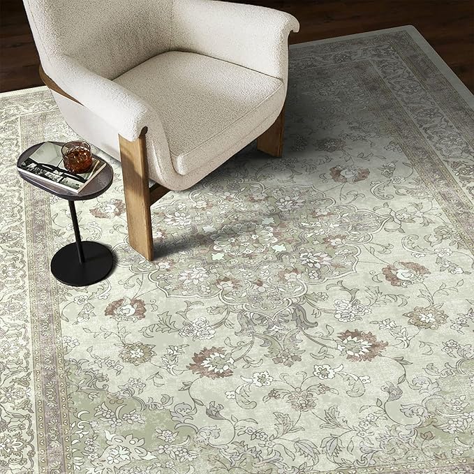 vivorug 3x5 Rug, Small Area Rug for Living Room, Bedroom, Kitchen, Machine Washable Non-Slip Throw Rug, Vintage Floral Carpet for Entryway Nursery Coffee Table - Durable (Sage Green)