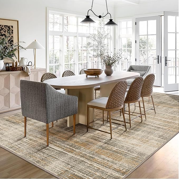 GENIMO 8x10 Washable Area Rug – Modern Abstract Non-Slip Low Pile Contemporary Indoor Floor Carpet for Living Room, Bedroom, Dining Room, Kitchen, Office, Brown