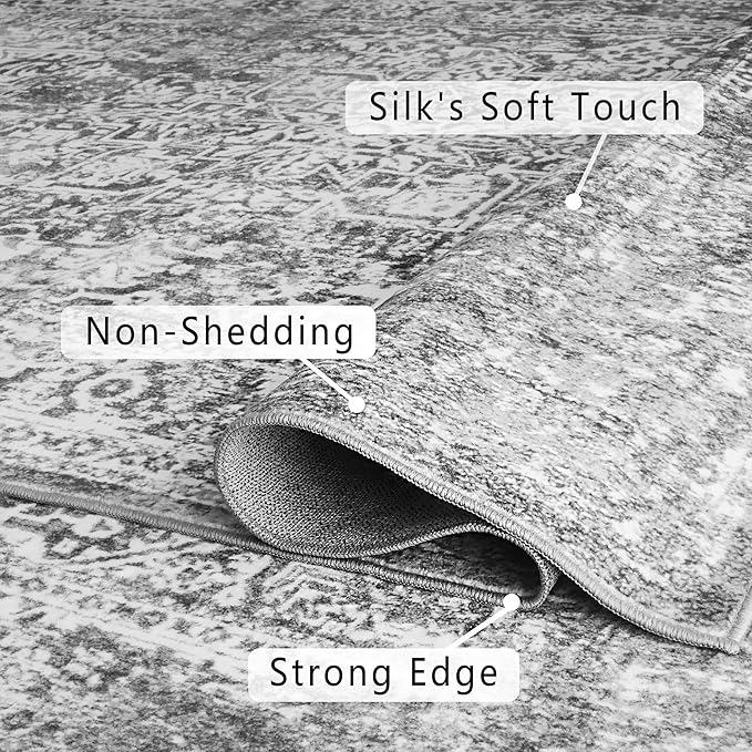 vivorug 5x7 Area Rugs, Stain Resistant Washable Rug for Living Room, Vintage-Inspired Grey Rug