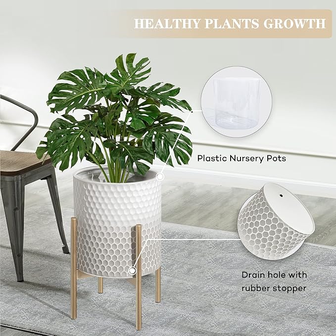Oakrain Mid Century Planters for Indoor Plants, Set of 2, Modern Decorative Metal Pots for Living Room, Office, Garden or Balcony, Gray and White Gradient Planter with Stand, 8 inch&10 inch