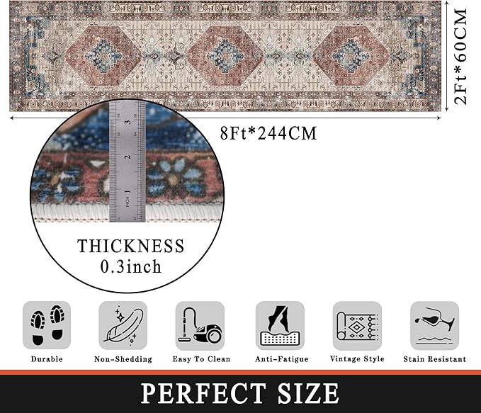 vivorug Runner Rug 2'x8' Vintage Washable Non-Slip Runners for Hallways Kitchen Entryway Laundry Room Carpet Hallway Runner Brown